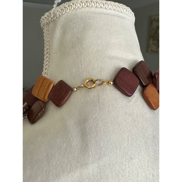 Vintage Shades of Stained Square Wooden Panel Necklace - Picture 4 of 6